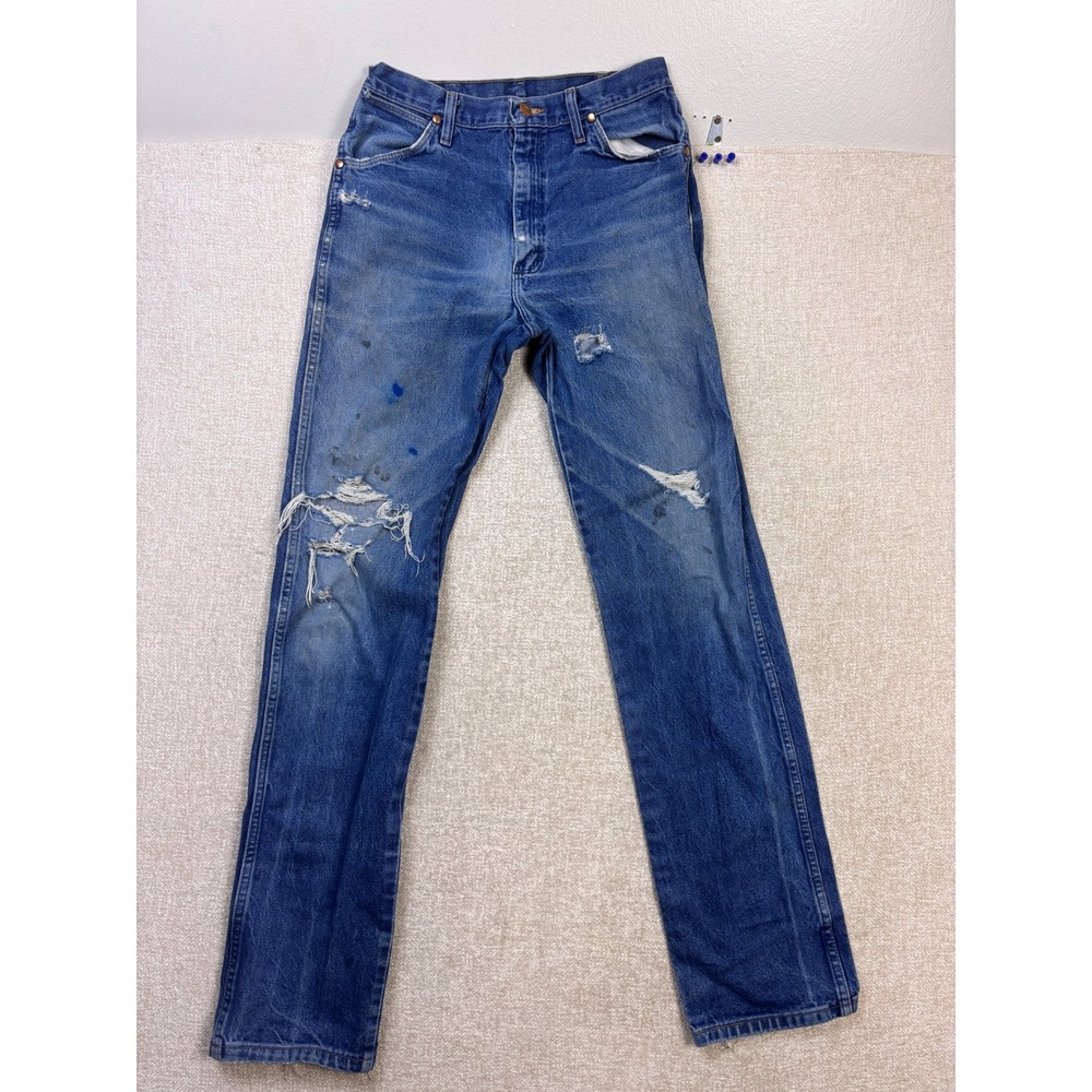 Wrangler 13MWZ Cowboy Cut Distressed Jeans Men 28x34 Blue Paint Splatter Vintage